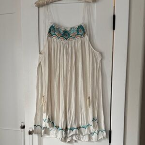 Embroidered Cream Sun top with Teal Accents